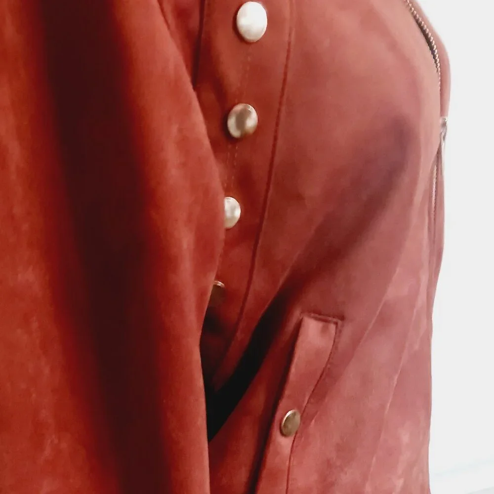 Super Cute Haute Monde Faux Suede Zip Up Jacket With Gold Accent Buttons - Picture 6 of 7